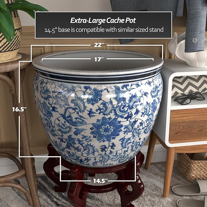 Red Lantern Large 22" Porcelain Fishbowl Blue & White Floral Planter - Image 4