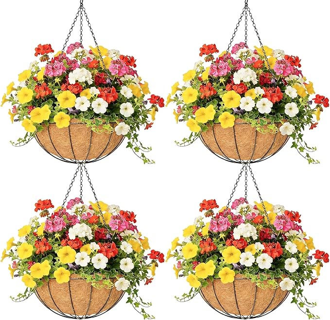 4 Pack 16 Inch Hanging Planters Outdoor Metal Hanging Flower Baskets by Qusuxi