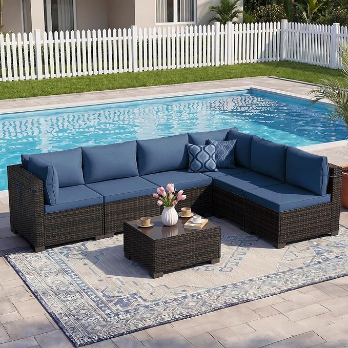 LEVELEVE 7 Pieces Outdoor Patio Furniture Sets, Rattan Conversation Sectional - Image 7