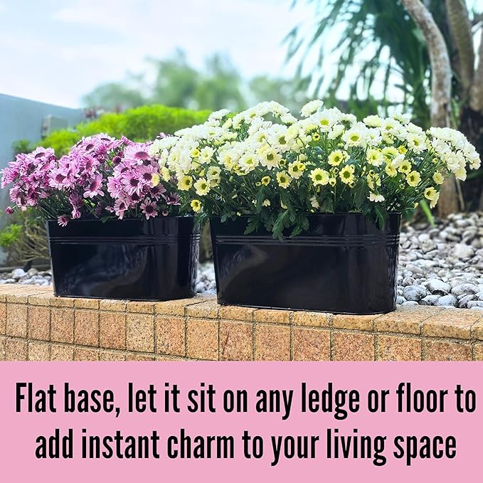 LaLaGreen Outdoor Plants Rail Planter Black Metal Iron Hanging Flower Oval Pots - Image 9