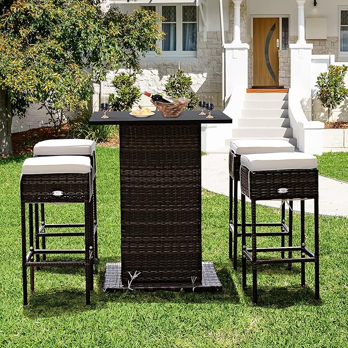 Tangkula 5 Piece Outdoor Rattan Bar Set, Patio Bar Furniture - Image 3