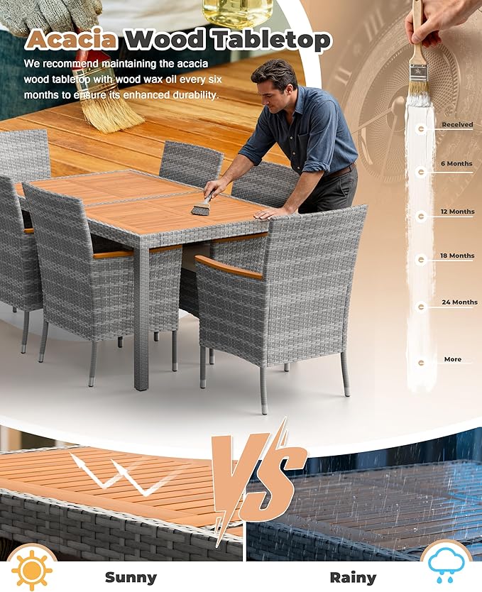Flamaker 7 Piece Patio Dining Set Outdoor Acacia Wood Table and Chairs - Image 6