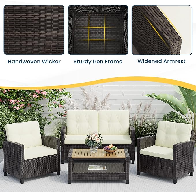 Wisteria Lane 4 Piece Patio Furniture Set, Wicker Outdoor Patio Conversation - Image 4