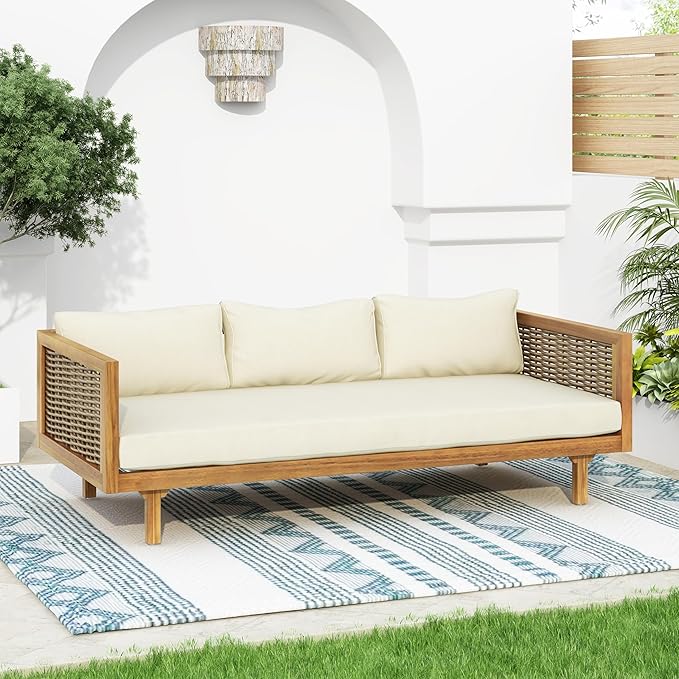 Merax 67.5" Outdoor Patio Daybed 3 Seater Sofa Bed, Acacia Wood Frame - Image 3