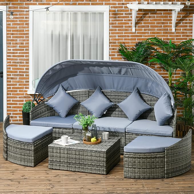 Outsunny 4-Piece Outdoor Rattan Furniture Set, Round Convertible Patio Daybed - Image 2
