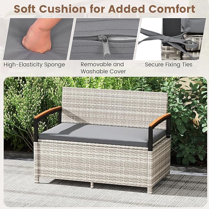 RELAX4LIFE Wicker Outdoor Storage Bench, Rattan Deck Box w/Protective Liner - Image 5