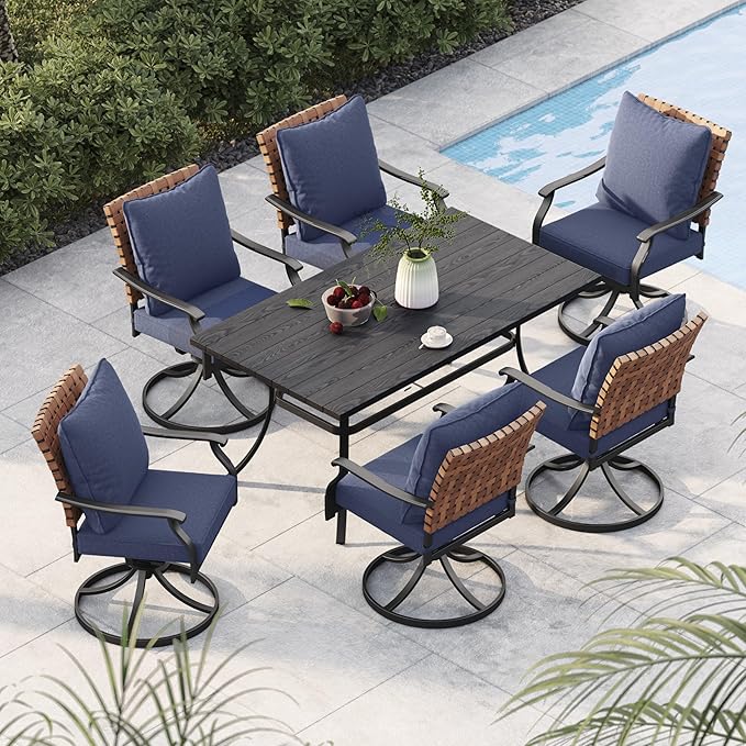 Grand patio 7-Piece Outdoor Dining Set, 6 Leather-Look Wicker Swivel Blue Patio by GrandPatio