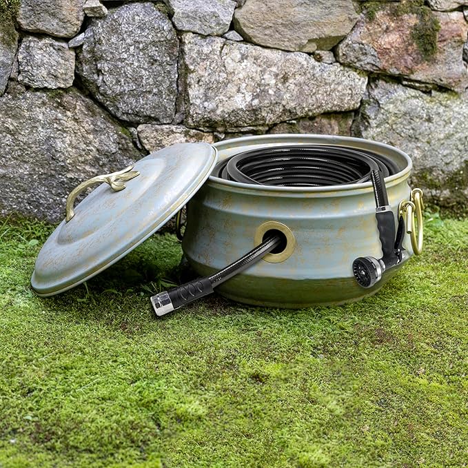 Sedona Hose Pot with Lid, Brass Accents, holds up to 100-Feet of Hose By Good - Image 6