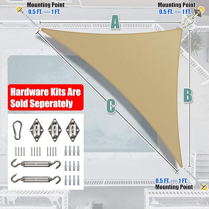 Amgo 18' x 18' x 25.5' Sand Beige Right Triangle Sun Shade Sail UPF50+ Canopy - Image 7