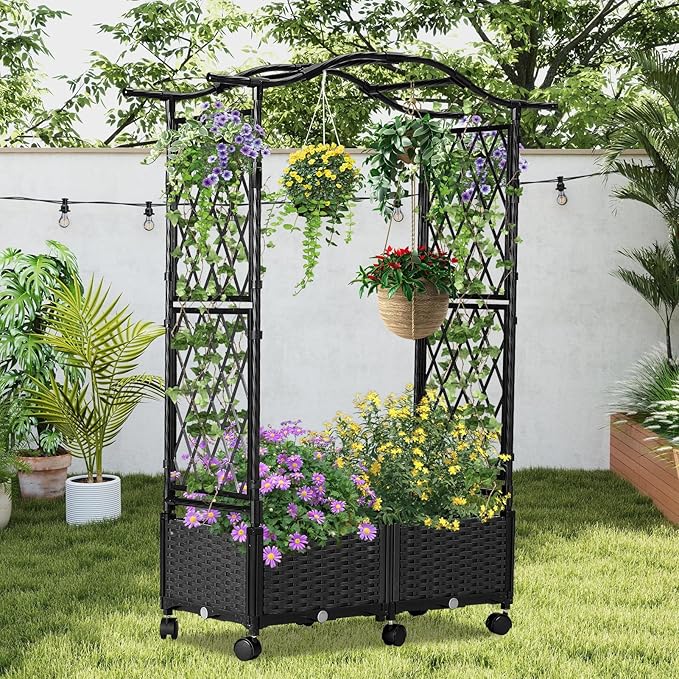 Planter Box with Trellis Outdoor, Plastic Raised Garden Bed Trellis Planter Box - Image 2