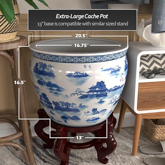 Red Lantern 20" Porcelain Fishbowl Blue & White Landscape Planter - Image 4