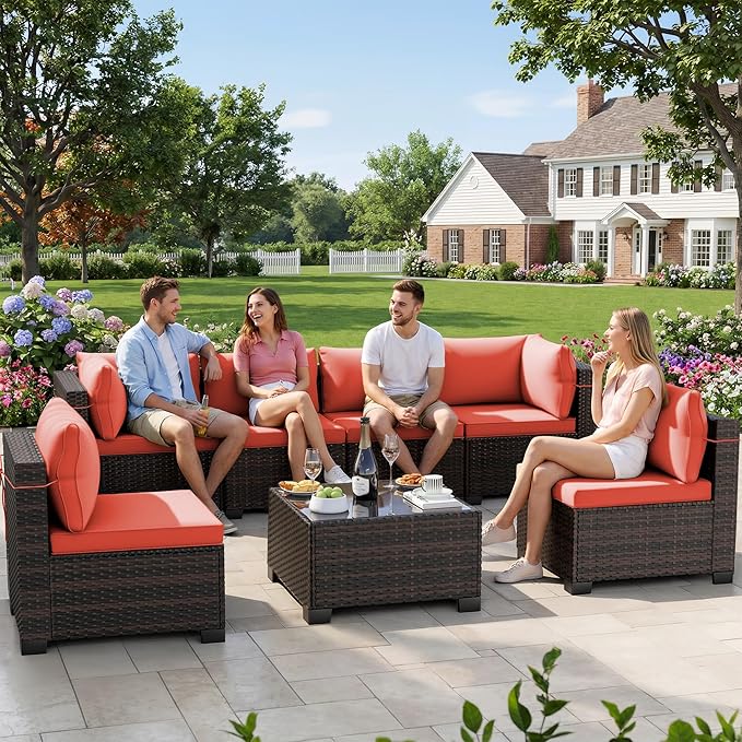 LEVELEVE 7 Pieces Outdoor Patio Furniture Sets, Rattan Conversation Sectional by Enjoyyourlife