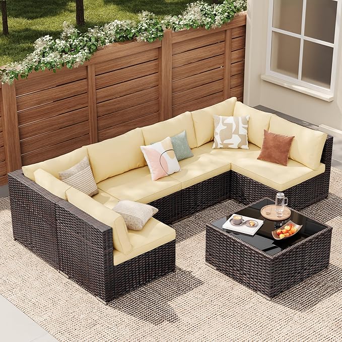Patio Furniture Sets 7 Pieces Outdoor Sectional Rattan Sofa Manual Weaving - Image 6