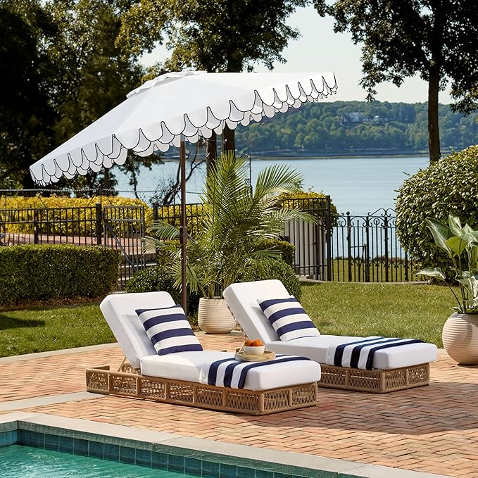 SAFAVIEH 9ft Outdoor Patio Umbrella, Ivory & Navy Trim, Auto Crank Tilt - Image 7