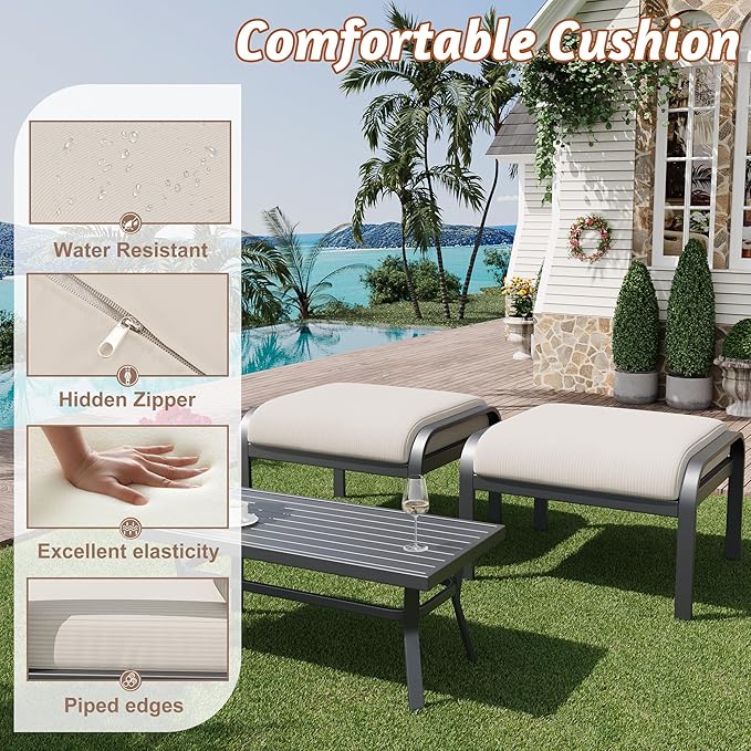 HOMREST Metal Outdoor Ottoman, 3-Piece Aluminum Footstool w/Removable Cushion - Image 5