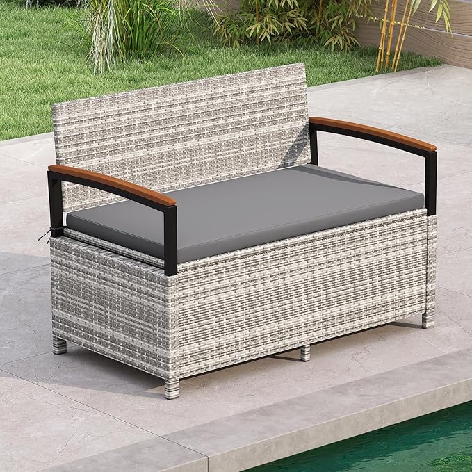 RELAX4LIFE Wicker Outdoor Storage Bench, Rattan Deck Box w/Protective Liner by RELAX4LIFE