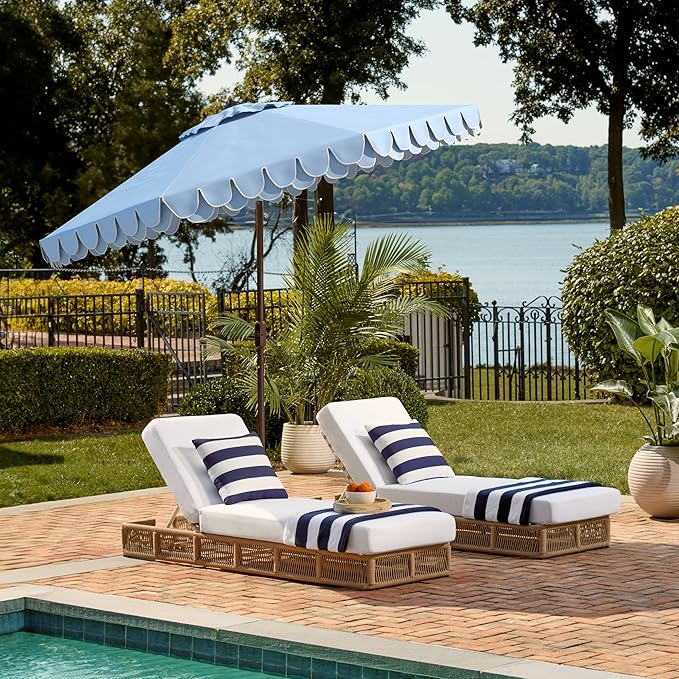 SAFAVIEH 9ft Outdoor Patio Umbrella, Baby Blue & White Trim, Auto Crank Tilt - Image 7