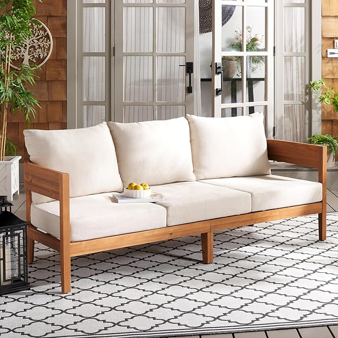 SAFAVIEH Outdoor Collection Theo Natural Teak Solid Wood/Taupe Cushion 3-Seater - Image 2