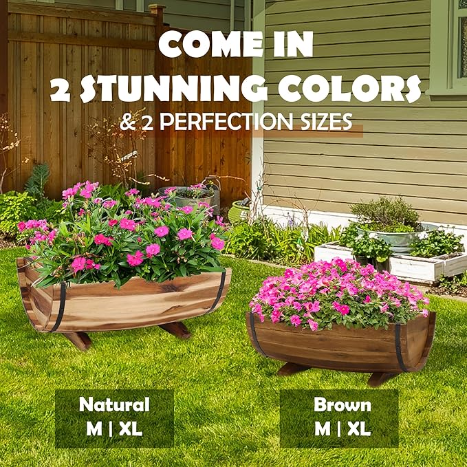 Solid Acacia Wood Half Barrel Planters Outdoor Set of 2 Different Sizes - Image 5