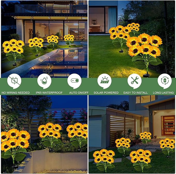 2 Pack with 12 Sunflower Solar Lights Outdoor Garden Decor, Solar Flowers - Image 4