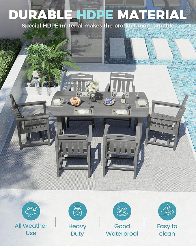 Ciokea HDPE Outdoor Dining Set, 7-Piece Patio Table and Chairs Set - Image 3