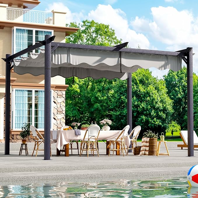 10'x12' Outdoor Pergola with Retractable Canopy, Patio Metal Heavy-Duty Gazebo by Betisef