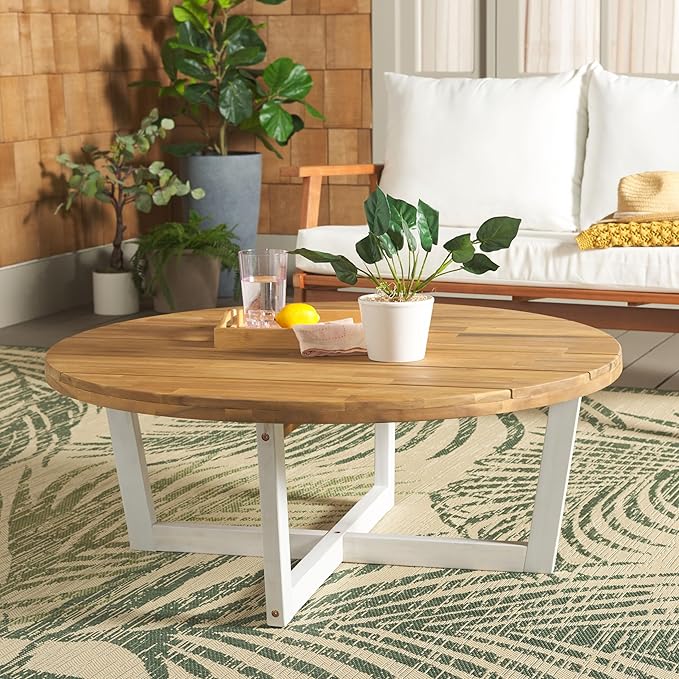 SAFAVIEH Outdoor Collection Leo Natural/White Solid Wood Round Coffee Table - Image 2