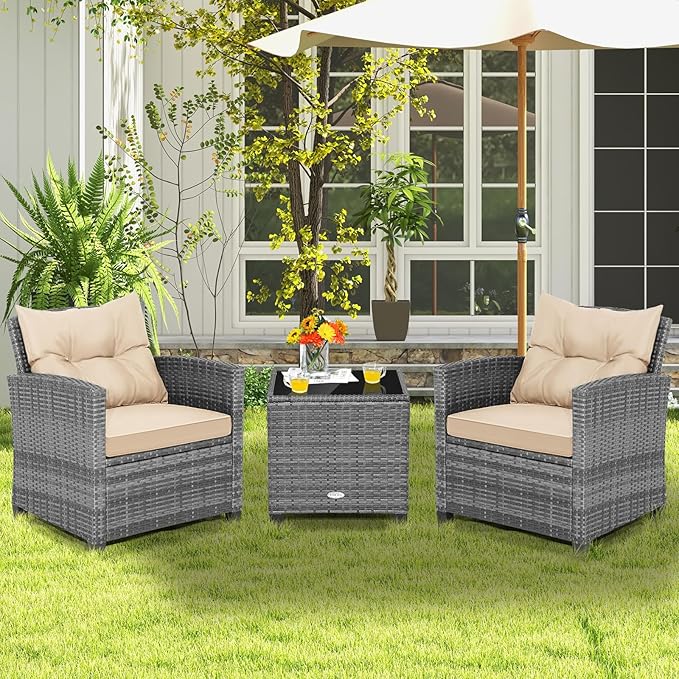 Tangkula 3 Pieces Wicker Patio Furniture Set, Outdoor Rattan Conversation - Image 2
