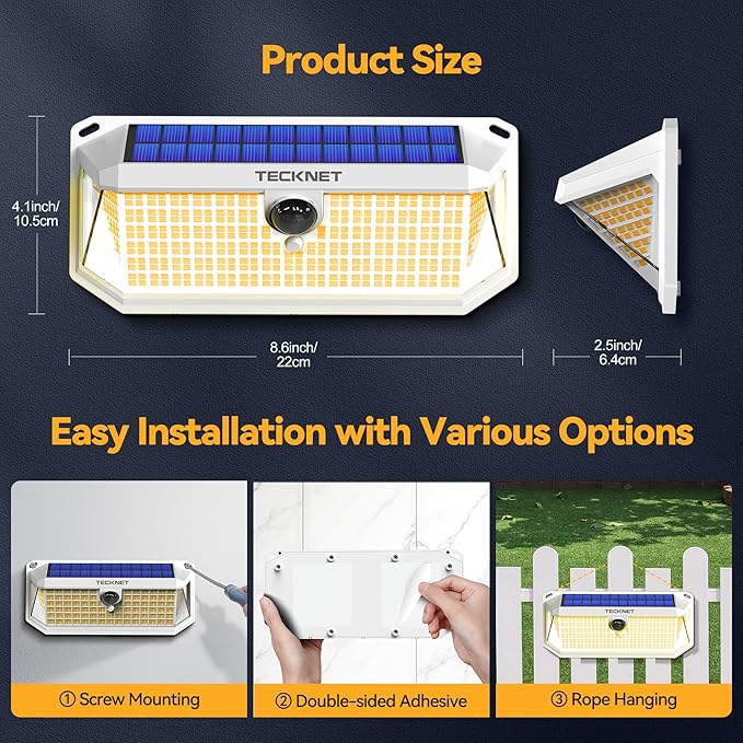 TECKNET 461 LED Solar Powered Outdoor Lights, 270° Angle & 3 Lighting Modes - Image 7
