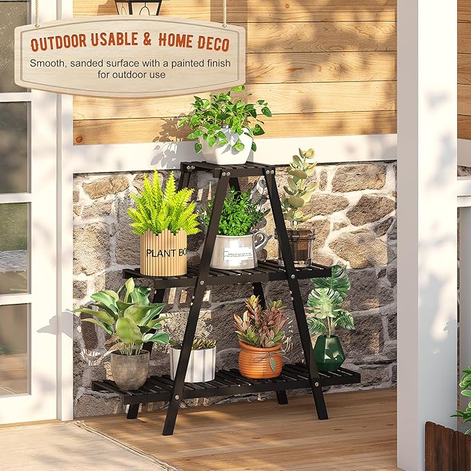 GHWIE Plant Stand Indoor Plant Shelf Outdoor bamboo Plant Rack, 3 Tiers Ladder - Image 3