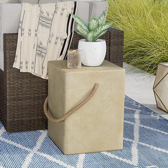COSIEST Set of 2 Concrete Side Table, Rectangular Outdoor Side Table w Hemp - Image 2