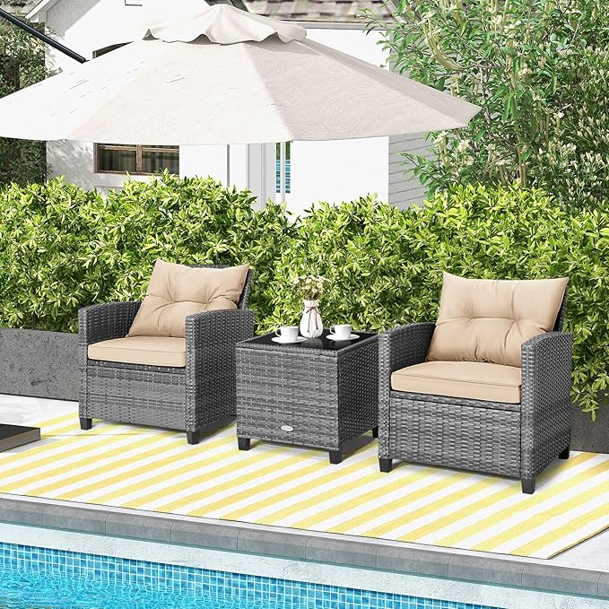 Tangkula 3 Pieces Wicker Patio Furniture Set, Outdoor Rattan Conversation - Image 3