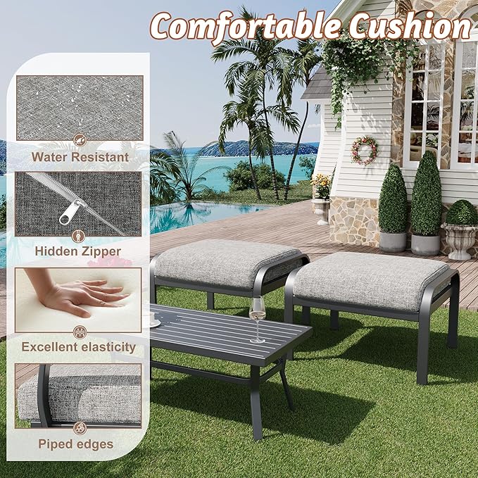 HOMREST Metal Outdoor Ottoman, 3-Piece Aluminum Footstool w/Removable Cushion - Image 5