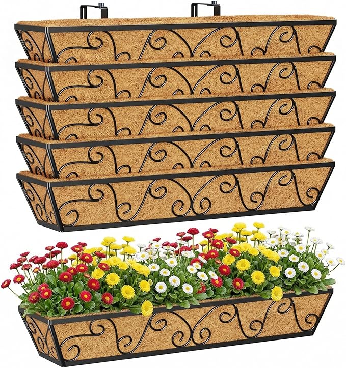 Y&M 30 Inch Window Deck with Coco Liner, Fence Metal Hanging Flower Planter by YM