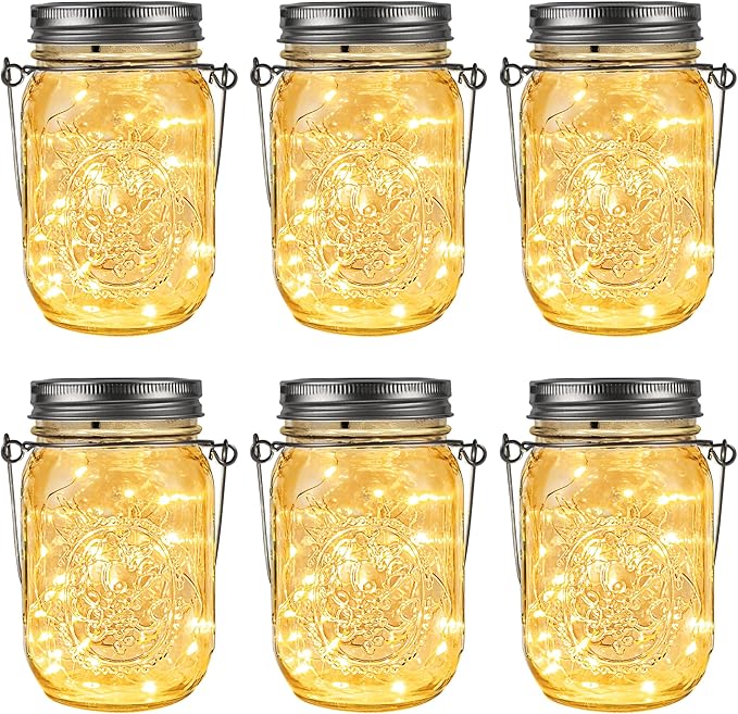 GIGALUMI Hanging Mason Jar Solar Lights, 6 Pack 30 Led Tinplate Lids Hanging by GIGALUMI