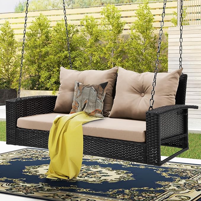 DWVO Wicker Hanging Porch Swing Chair Outdoor Brown Rattan Patio Swing Lounge - Image 6