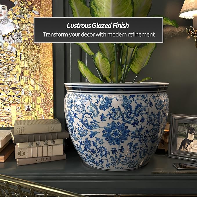 Red Lantern Large 22" Porcelain Fishbowl Blue & White Floral Planter - Image 3