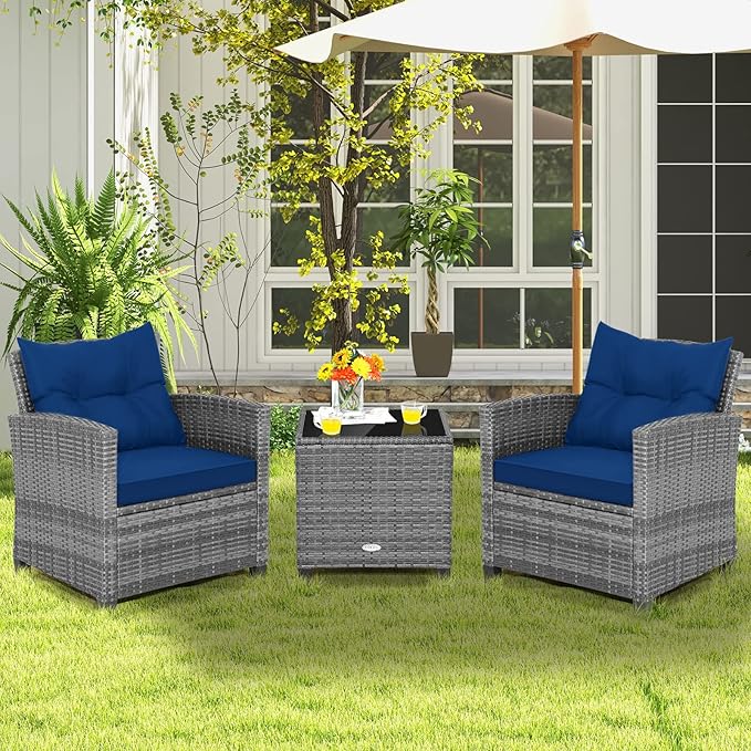 Tangkula 3 Pieces Patio Furniture Set, Outdoor PE Rattan Conversation Chair Set - Image 2
