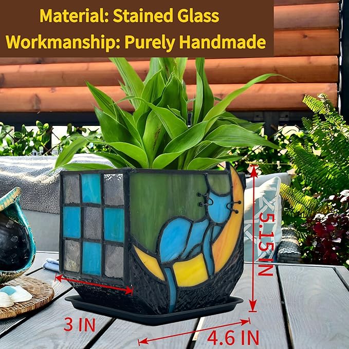 Tiffany Stained Glass Unique Moon Sleeping Blue Cat Planter, Indoor Plant Pots - Image 3