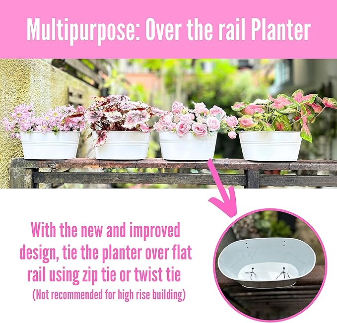 LaLaGreen Rail Planter Outdoor White Metal Iron Hanging Flower Pots Deck - Image 4