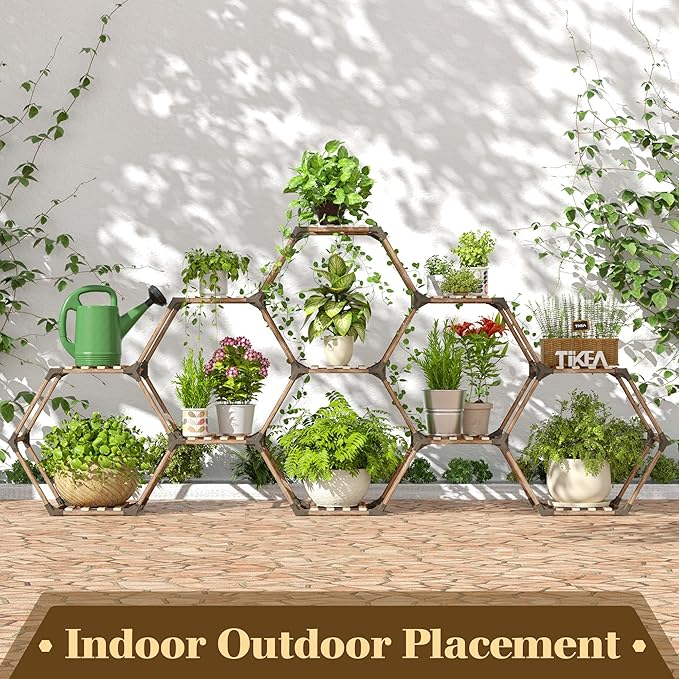 Tikea - Hexagonal Plant Stand Indoor Outdoor Large 11 Tiered Wooden Plant Shelf - Image 3