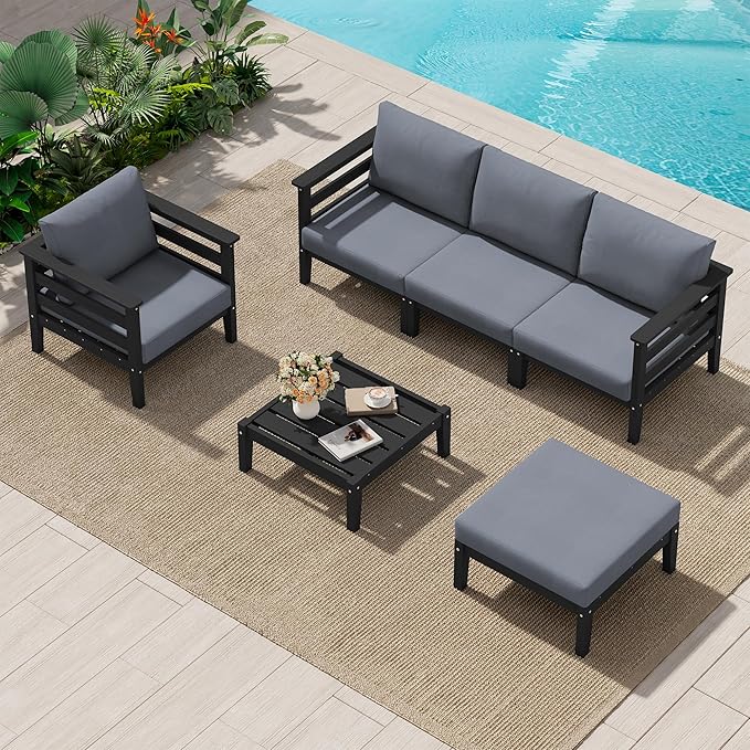 SERWALL HDPE Patio Furniture Set, 6 Pieces Outdoor Sectional Sofa Set, by SERWALL