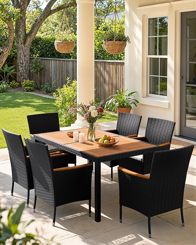 Flamaker 7 Piece Patio Dining Set Outdoor Acacia Wood Table and Chairs - Image 2