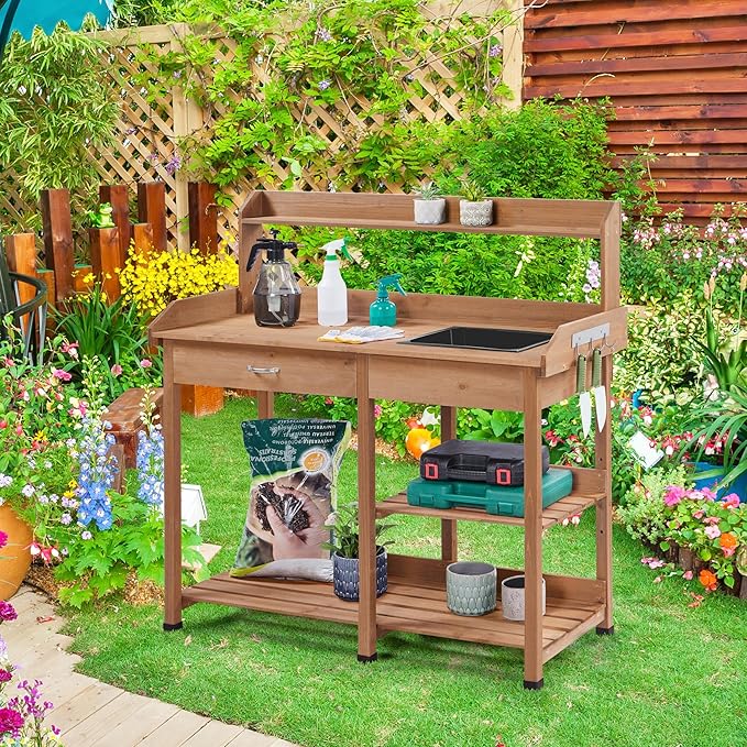 Yaheetech Potting Bench Outdoor Garden Work Bench Station Planting Solid Wood - Image 7