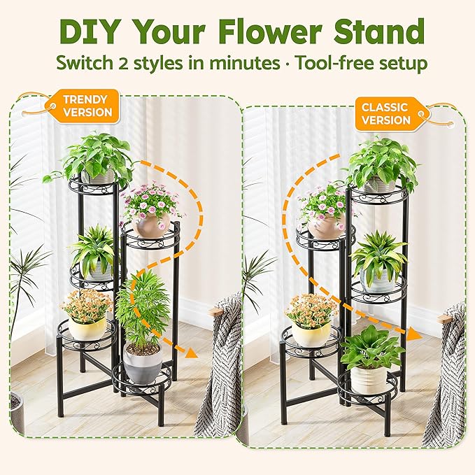 Metal Plant Stand Indoor Outdoor, 5 Tier 5 Potted Multiple Plant Shelf Stands - Image 4