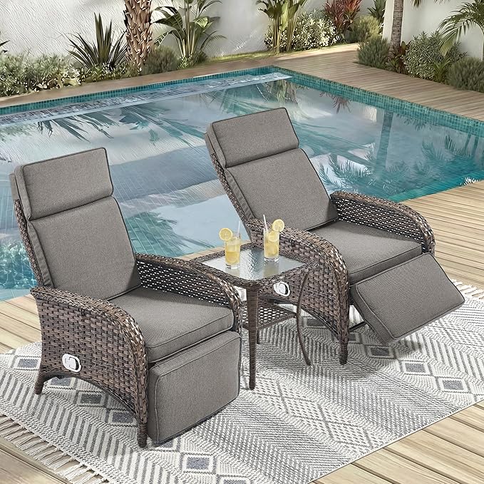 3 Pieces Zero Gravity Wicker Patio Recliner Chairs Set of 2 by JelwalyPatioFurnitureSet