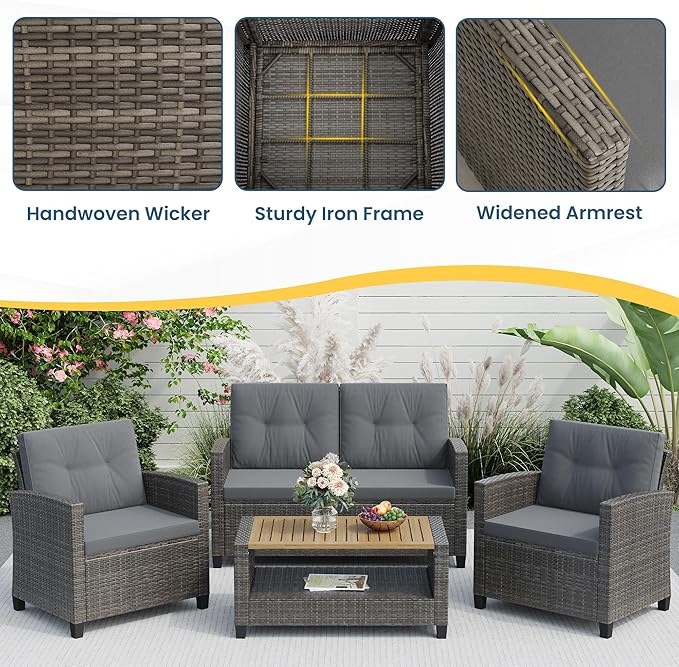 Wisteria Lane 4 Piece Patio Furniture Set, Wicker Outdoor Patio Conversation - Image 4