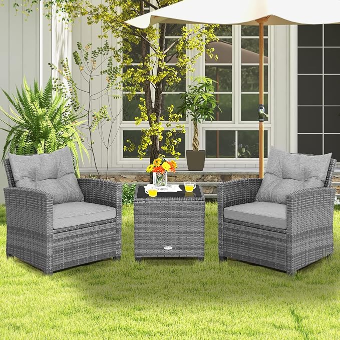 Tangkula 3 Pieces Patio Furniture Set, Outdoor PE Rattan Conversation Chair Set - Image 2