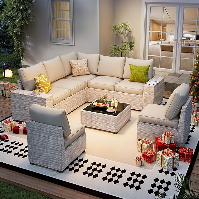 8 Piece Outdoor Patio Furniture Set, Outdoor Sectional Furniture, Rattan & - Image 2