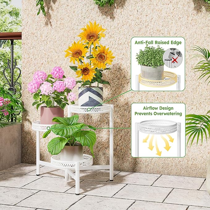 3 Tiered Tall Plant Stand Indoor Outdoor, Metral Plant Shelf - Image 4